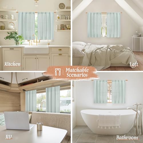 Image of LAMIT 48 Inch Short Window Linen Curtains, Soft Faux Linen Light Filtering Panels Rod Pocket Neutral Drapes for Cafe /Bathroom /Loft Room, Light Blue, 2 Panels, 42 x 48 Inch