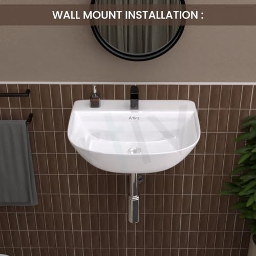 Image of Artiva Ceramic Wash Basin for Bathroom /Wall Hung Basin /Basin for Bathroom, Hotel /White Wallmount Sink / (White Colour 16 x 12 x 5 Inch)