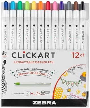 Clickart Zebra Zebra Pen CLiCKART - Bolígrafo Retráctil Con Punta De Fieltro Retráctil, Varios Colores De Tinta Oscura, Punta Fina De 0.024 In, Absorbe La Humedad Rotuladores Retractiles