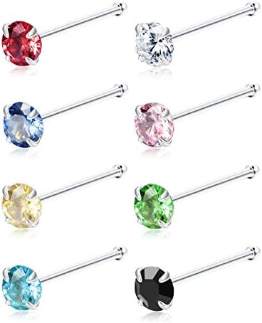 Sllaiss 8Pcs 22G Sterling Silver Nose Rings Studs Pin for Women Men 3MM Mix Color Round Czech Crystal Nose Body Piercing Jewelry
