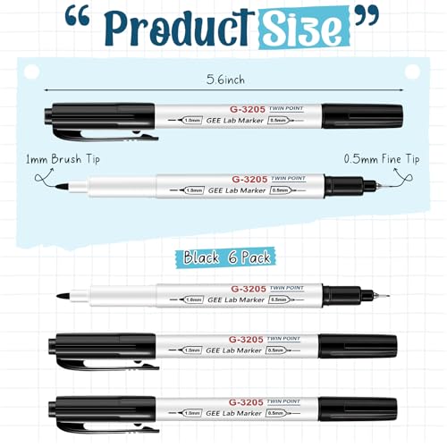 Janlaugh 6 Pcs Alcohol Resistant Laboratory Markers, Black Dual Head Permanent Freezer Pens with 0.5mm Fine Point and 1.0mm Makers Tip, Designed for Industrial, Lab and Hospital Use (Black) - Thumbnail 3