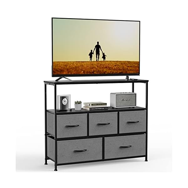 Dresser TV Stand, Entertainment Center with 5 Fabric Drawers, Media Console Table for TV with Open Storage Shelf Dresser for Bedroom/Living Room/Hallway