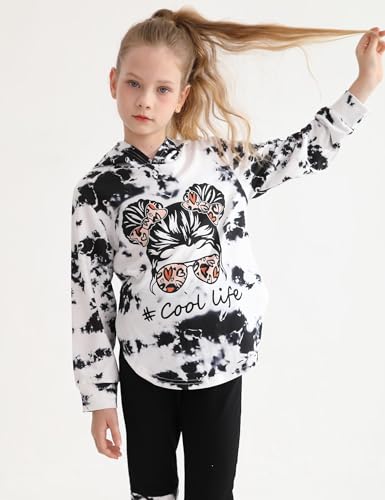 Image of Girls 2 Pcs Fall Winter Tie Dye & Leggings Outfits For Teens 5-14 | 2026 Girls Fashion Trendy, Long Sleeve Hoodie, Cool Life Print, Patchwork Pants, Back to School Holiday Tracksuit