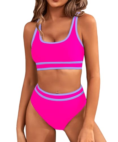 Bikinis Mujer Dos Piezas Sexy Push Up Bañadores Deportivo Conjunto de Bikini Reductores Bañador de Playa Cintura Alta Traje de Baño de Tanga Brasileño Tankini con Relleno (Rojo Rosa, M)