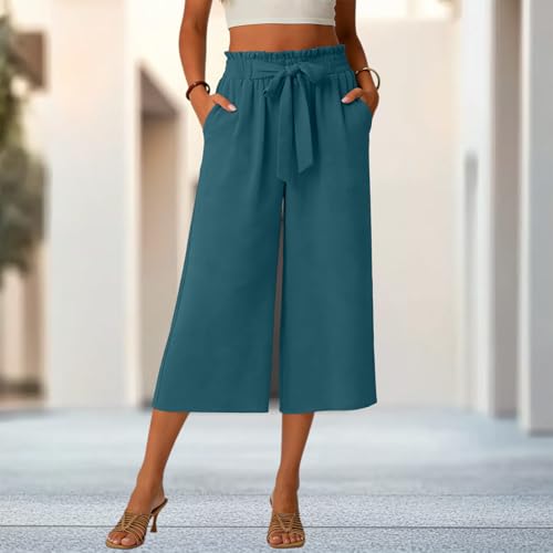 Gaucho Pants for Women, Wide Leg High Waisted Cotton Women's Palazzo Capri Pants with Pockets and Drawstring, Lightweight Breathbale Casual Summer Womens Culottes Mint Green XL — view 2