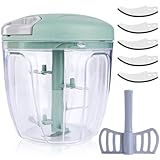 Tritatutto manuale multifunzione con manico e coperchio, tritatutto a 5 lame, tritatutto per verdure, tritare aglio e tritare cibo, tritatutto per cipolle, peperoni, carote, frutta (verde) immagine