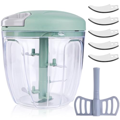 Multi-Function Manual Food Chopper with Handle and Cover 5 Blades Vegetable Chopper Shredder, Garlic Crusher Pull and Chop Food Chopper Garlic Chopper for Onion Peppers Carrots Fruits (Green)