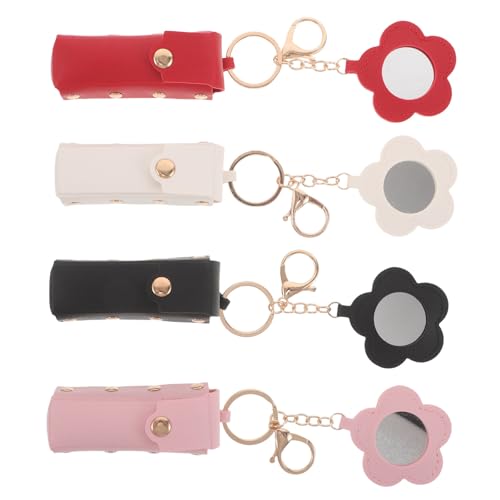 Porta bálsamo labial llavero con espejo de flor y funda de cuero para colgar en mochilas
