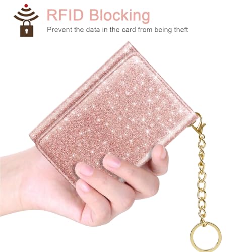 Image of Trifold Small RFID Blocking Wallet Pocket Cute Short Slim Sparkling Credit Card Holder Leather Keychain Ladies Mini Purse with ID Window, Glitter Rose Gold