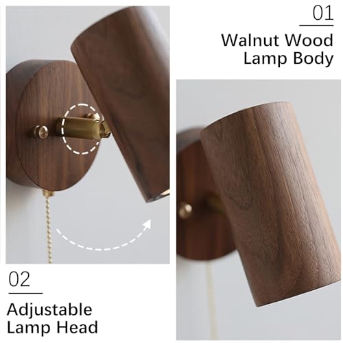 Lámpara de pared de noche de madera con interruptor de tirón y aplique ajustable para lectura 5