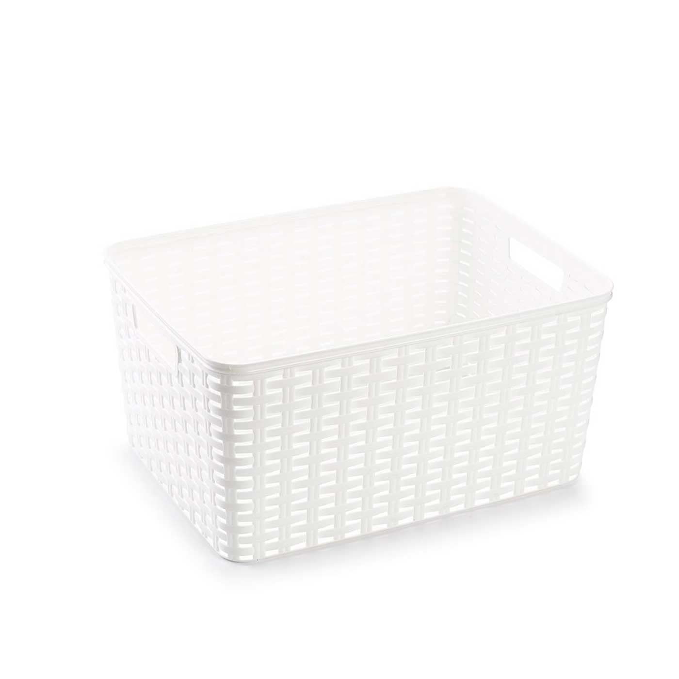 Tradineur - Cesta Rattan N.º 5 - Fabricado en plástico - Almacenamiento de Ropa, Productos de Limpieza - Capacidad de 18 L - 19 x 38,5 x 28,5 cm - Color: Blanco