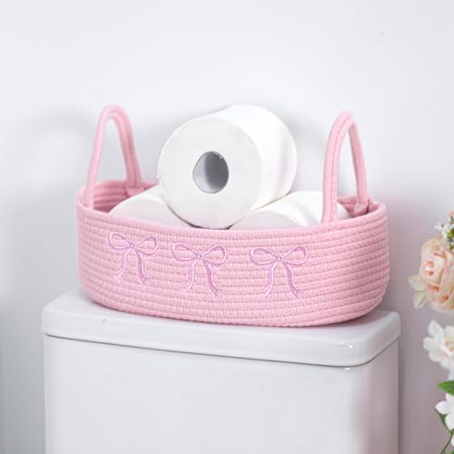 Vesici Pink Bow Woven Storage Basket for Toilet Tank Top Boho Cotton Rope Bathroom Countertop Organizer Basket with Handle Pink Bathroom Decor for Bedroom Nursery Toys Organizing 13 x 6 x 4 Inch