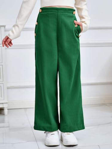 Image of Haloumoning Girls Wide Leg Corduroy Pants Kids Elastic Waist Gold Button Trousers with Pockets 5-14 Years