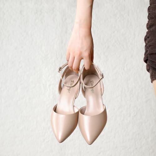 Image of RIBONGZ Comfortable Kitten Heels for Women Pointed Closed Toe Ankle Strap Buckle Heels Slip on Low Heel Church Pumps Wedding Bridal Party Dressy Shoes