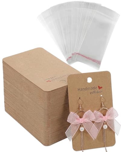 KAHZOR Cartes Présentoir Boucles d'Oreilles Kraft 50 Pcs + 50 Sachets Zip Transparents – Emballage Pro pour Bijoux, Vente & Cadeaux Artisanaux.