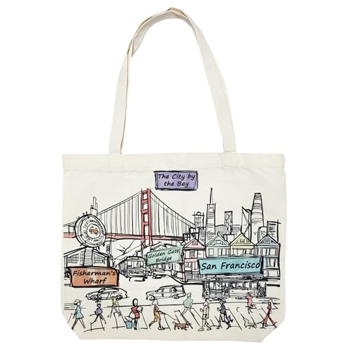 Beary Blu Cities Around the World Artwork Tote Bag Series- Designed in the USA, 17"x14", Double Sided Print, Souvenir & Gift (San Francisco)