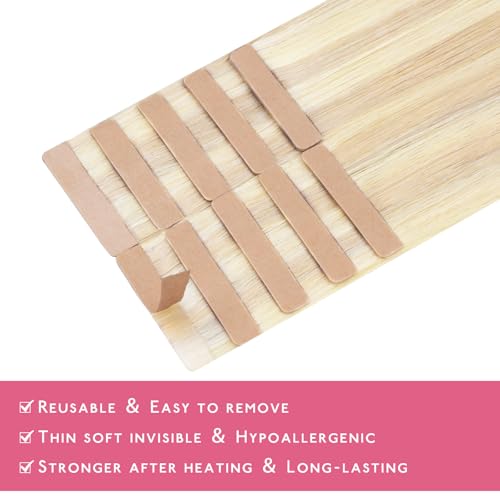 Image of WENNALIFE Tape in Hair Extensions Human Hair Balayage Light Wheat Platinum Blonde Tape in Extensions, 10pcs 25g 16 inch Remy Invisible Tape Ins Straight Colored Soft Real Human Hair Tape in Extensions
