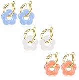 MOROYA 3 Pairs Acrylic Flower Earrings for Women Trendy Dual-use 14K Gold Plated Hoops Y2k Resin Floral Daisy Drop Earrings Set Style2