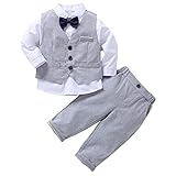 FEESHOW Jungen Anzüge Gentleman Smoking Fliege Hemd Anzugsweste Hose 3tlg Schicker Kleinkind Babykleidung für Taufe Geburtstagsparty Grau_V 74-80/9-12 Monate