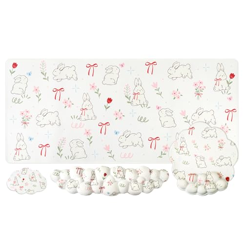 Conmputer Desk Mat Set, 4 in 1 Cloud-Shaped Ergonomic Wrist Rest Set, Mouse Pad with Non-Slip Base, Memory Foam Silicone Lining Keyboard Wrist Rest, Computers, Offices, Gaming, Cute White Bunny