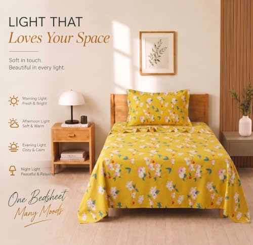Image of BSB HOME 210 TC Cotton Feel Single Bedsheet with 1 Pillow Cover, Soft & Breathable Floral Printed Bed Sheet, Fade Resistant, Bedding for Home & Bedroom, 60 x 90 Inches (152 x 229 cm) (Spiced Amber)