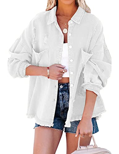 Lumister Womens Causal Oversized Soft Lightweight Distressed Jean Jacket Ripped Fringe Long Sleeve Denim Jacket Shacket - Main Image