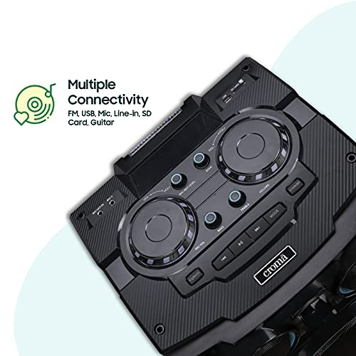 Image of Croma Explode 1400W Party Speaker, Party Lights, Horn Tweeters, Bass Booster Function, Inputs: Bluetooth, FM, USB-A, SD Card, Wired Microphone, Guitar Input, Aux-in, Recording Function, Echo Function, 5 EQ Modes, Wheels for Portability (CREY3027, Black)