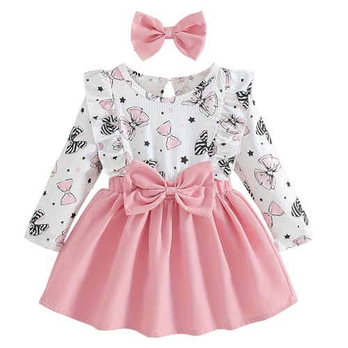 Baby Girl Dress Long Sleeve Bow Print Ruffle Top with Skirt and Matching Headband Outfit Set