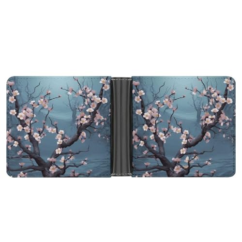Men's Leather Wallet Bifold Wallet for Men Cherry Blossom Slim Wallet with Multiple Card Classic Passcase Mens Card Holder