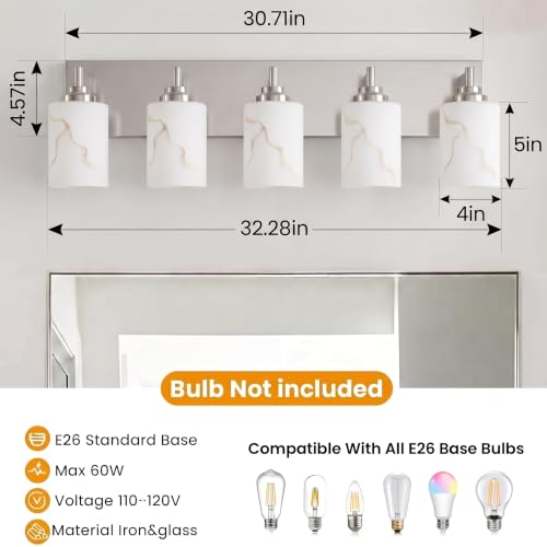 Image of 5-Light Bathroom Light Fixture, Brushed Nickel Modern Vanity Light with White Marble Glass Shade, for Bathroom Mirror, Living Room, Bedroom, Hallway, E26 Base, Extended Base