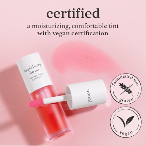 nooni korean lip oil - appleberry  long-lasting moisturizing plumping revitalizing for dry lips waterproof no peel off hydrating nourishing crystal clear 012 fl oz