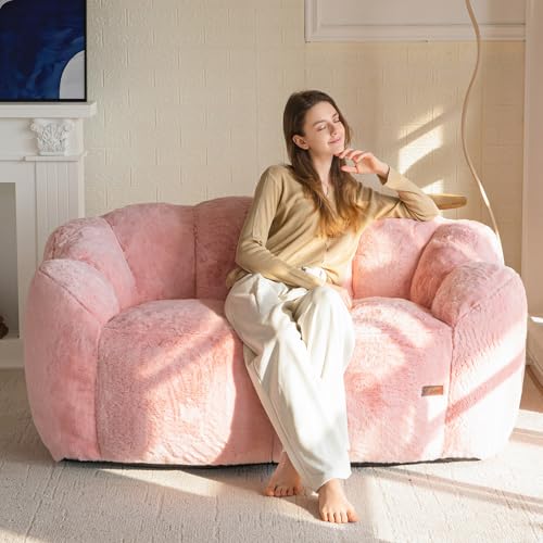 Image of MAXYOYO Bean Bag Chair for Adults, Loveseat Floral Shaped Bean Bag Sofa, Ultra Soft Love Seat Mini Sofa Couch, Faux Fur Reading Chair for Living Room Bedroom, Pink