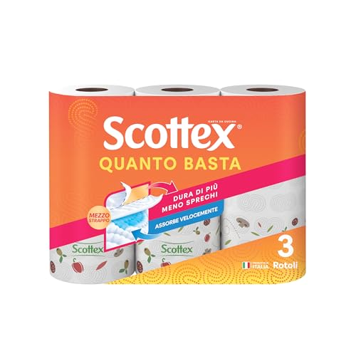 Scottex Quanto Basta, Carta Da Cucina, Opzione Mezzo Strappo, Carta certificata FSC, 3 Maxi Rotoli