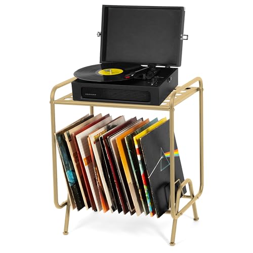 Ilyapa 2-Tier Gold Metal Record Player Stand with 16 Slot Vinyl Record Holder - Honeycomb Design Turntable Shelf with Vinyl Shelf