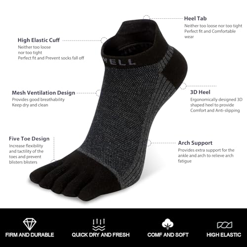 VWELL Cotton Toe Socks Five Finger Socks No Show Crew Athletic Running Socks 4 Pairs,Size 7-113