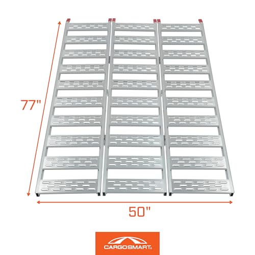 CargoSmart Aluminum Tri-Fold Ramp with Treads, 1 Pack — 1,500lb Capacity/500lb per Section, 50” W x 76” L — Easily and Safely Load or Unload Push Mowers, Garden Tillers, ATVs and More - Thumbnail 4