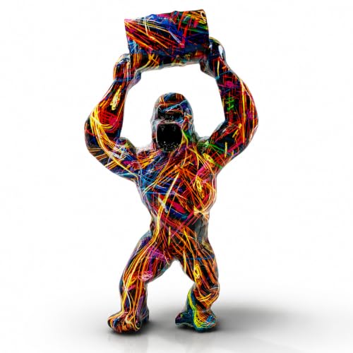 Colorful Graffiti Gorilla Statue, 11.6" Modern Pop Art Resin Animal Sculpture, Water Transfer King Kong Figurine Desk Decor for Gaming Room, Office & Home Gym, for Men