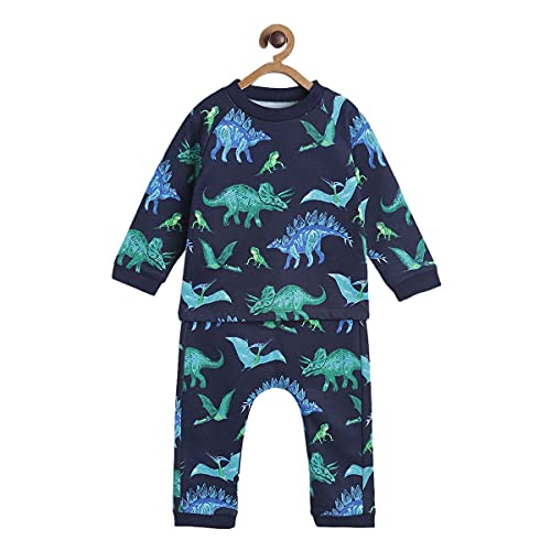Image of miniklub Infant Boys Navy-Blue & Green Printed Pure Cotton Tracksuit