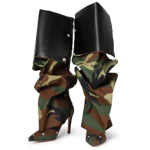 Image of Women's Knee High Shark Boots Pointed Toe High Heels Ruched Stiletto Slouchy Party Boots Detachable Snap-off Panel