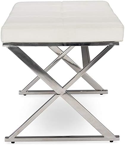 Herald White Faux Leather and Stainless Steel Rectangular Bench