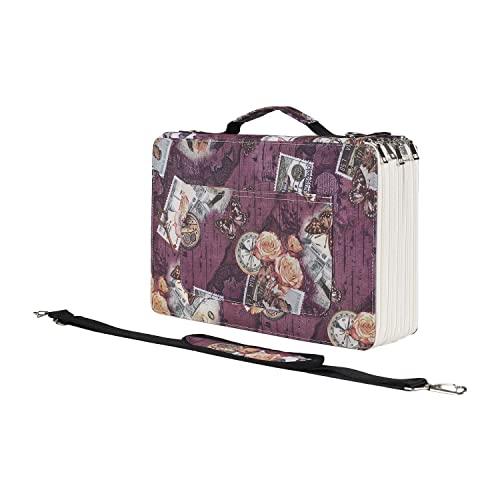Image of Pencil Case Slot Holds 500 Colored Pencils or 340 Color Gel Pens with Zipper Closure Large Capacity Retro Style Element Pattern Pen Organizer Bag with Shoulder Strap (Purple - Compasses)