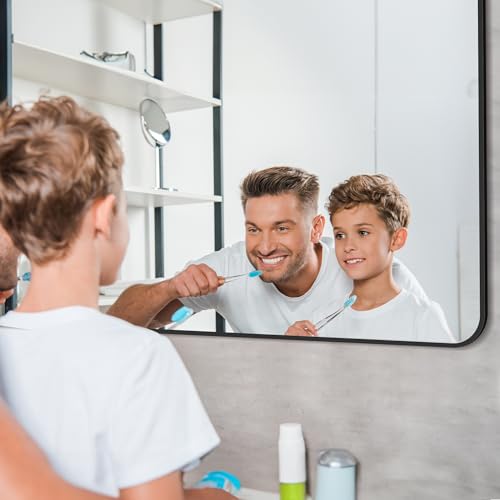 Image of Bathroom Mirror, 40 x 36 inch Black Rectangle Wall Mirror, Metal Frame Rectangular Vanity Mirror, Rounded Corner Wall Mounted Mirror for Modern Bedroom Living Room Hangs Horizontal /Vertical