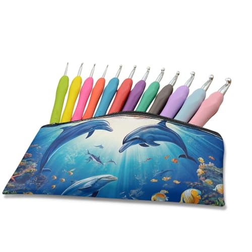 Image of Blue Dolphin Pencil Case for Boys Ocean Theme Pencil Box for Crayon Scissors Pen Holder for Kindergarten Toddlers Zippered Pouch for Stationery