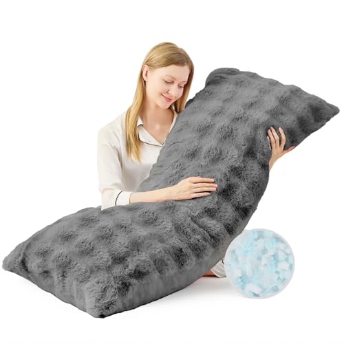 YZ HOME Faux Fur Fluffy Body Pillow for Adults - Firm Body Pillow Insert with Shredded Blue Memory Foam Adjustable Height Soft Support for Side Sleepers Pregnant Women Washable 20x54 Inch (Grey)