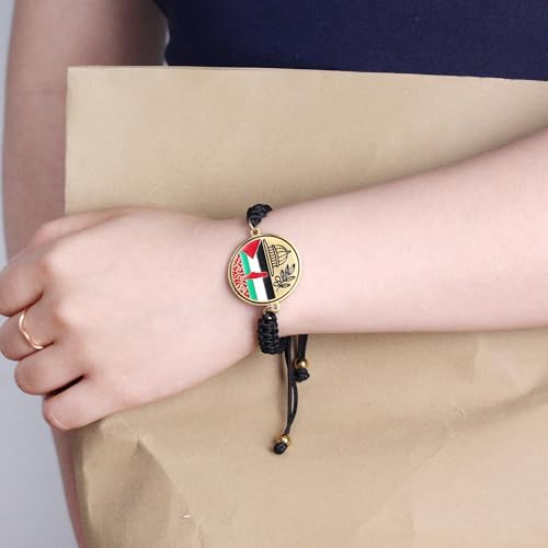 Palestine Flag Mosque Round Charm Bracelet - Adjustable Black Nylon Cord Woven Middle East Solidarity Faith Jewelry YA6014-YA60162
