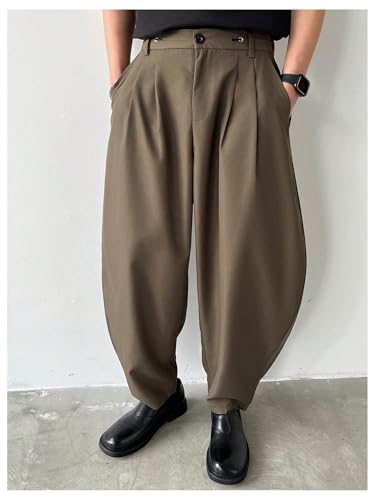 OYOANGLE Men's Pleated Mid-Rise Elastic Tapered Pants Loose Fit Casual Dress Pants with Pockets4