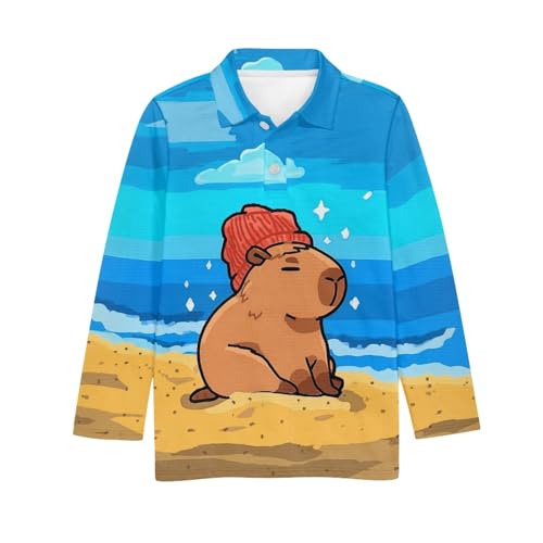 HUIACONG Boys Capybara Golf Shirts for Elementary Kids Long Sleeve Undershirts,Beach Sweatshirts for Age 3-4 Children Tops Girls Activewear