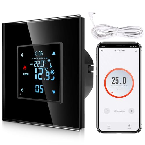 CNBINGO Termostato inteligente empotrado con sonda, termostato digital para calefacción por suelo radiante y caldera, compatible con Alexa y Google Assistant, control por voz, color negro con marco de