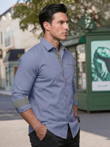 Image of Men's Cotton Blend Shirt with Solid Long Sleeves Spread Coller Neck Regular Fit Single Chest Pocket and Standard Length | Cotton Casual Shirt for Man