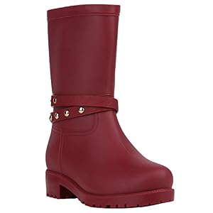 stiefelparadies Damen Stiefel Blockabsatz Gummistiefel Leder-Optik Schuhe Nieten 152227 Dunkelrot Gold 40 Flandell